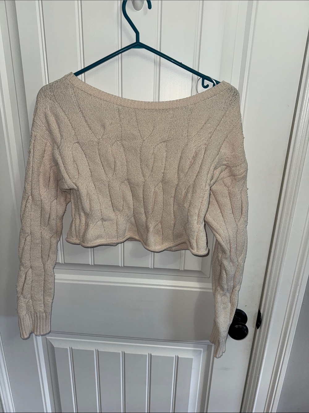Garage Cream Off-Shoulder Cable Knit Cropped Sweater
